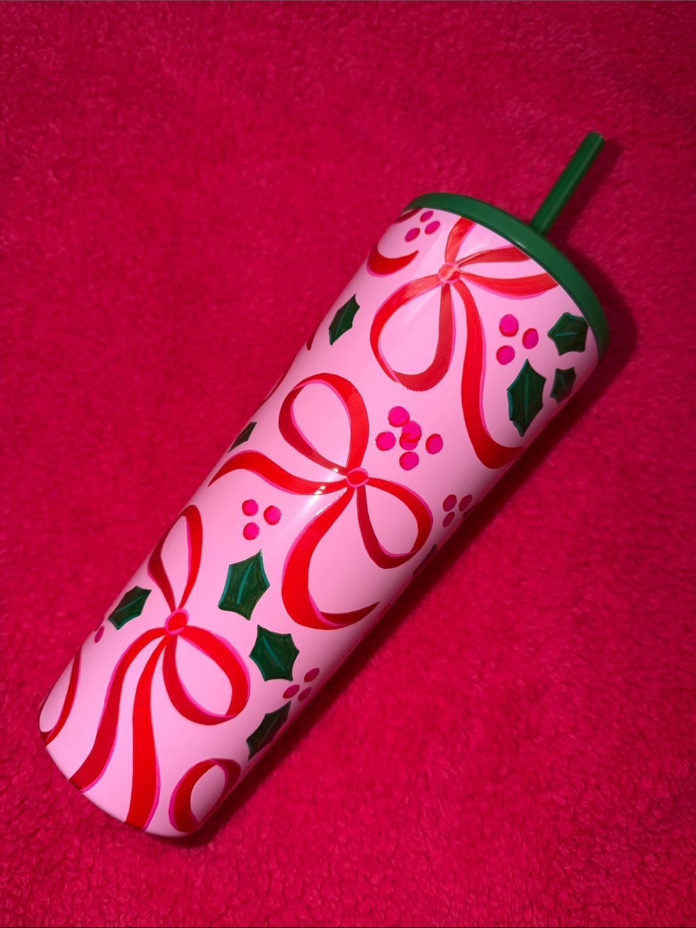 Pink Holiday Ribbon & Holly Tumbler with Straw